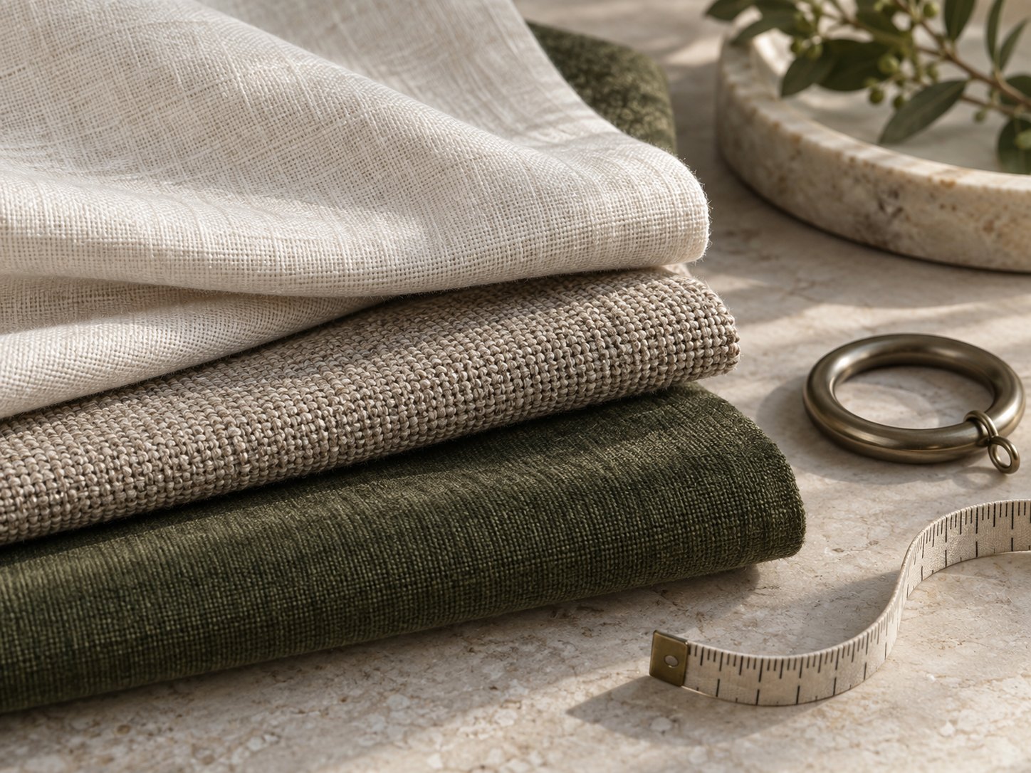 A selection of curtain fabrics and fitting details.