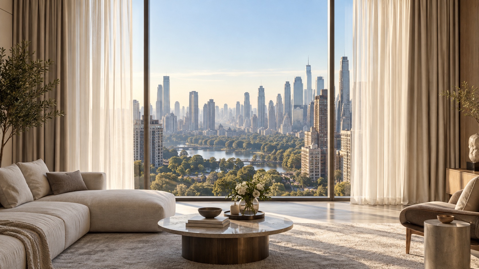 Soft curtains frame a city view in a contemporary living room.