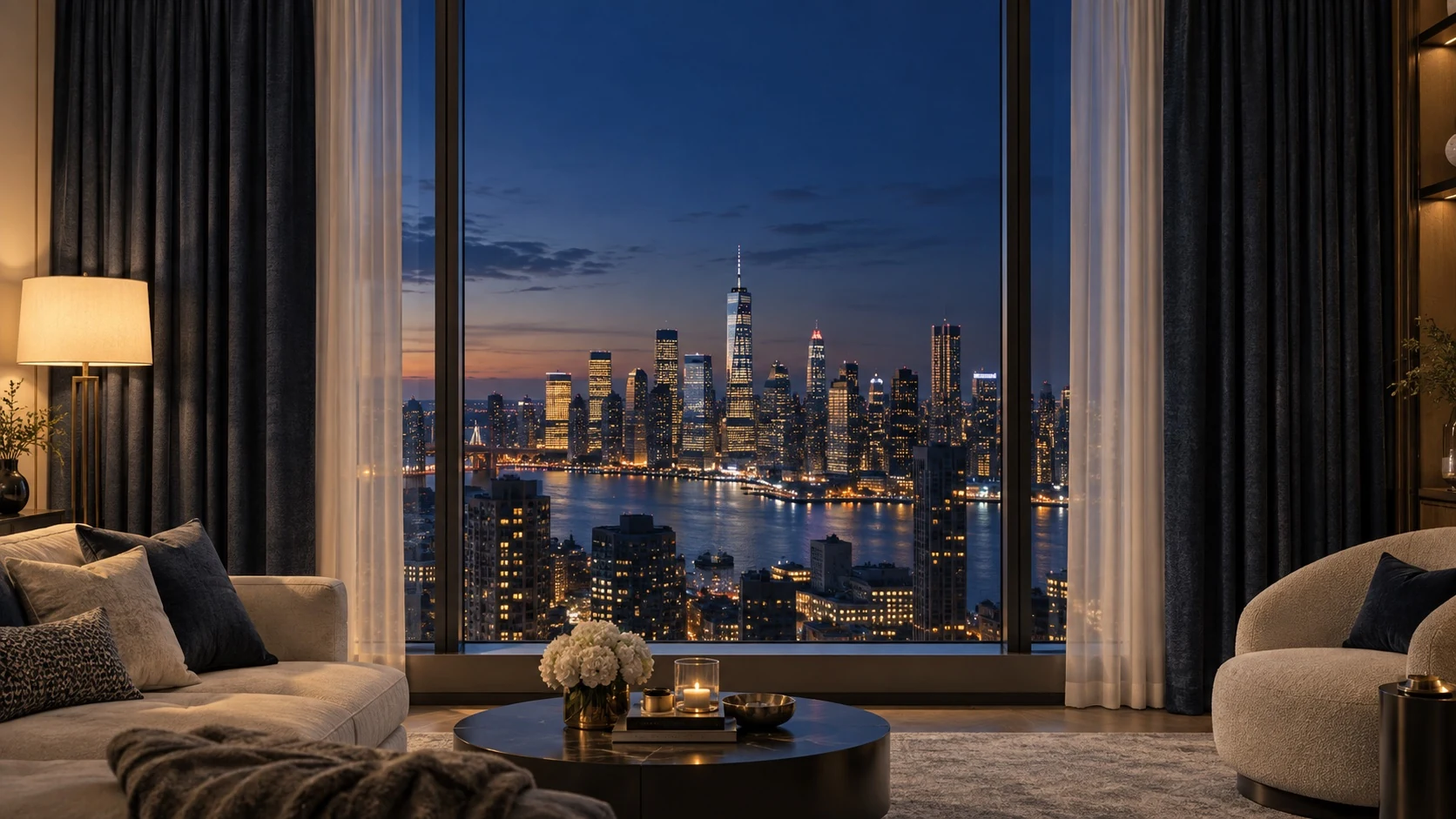 Charcoal curtains frame a glowing city skyline at dusk from an elegant apartment.