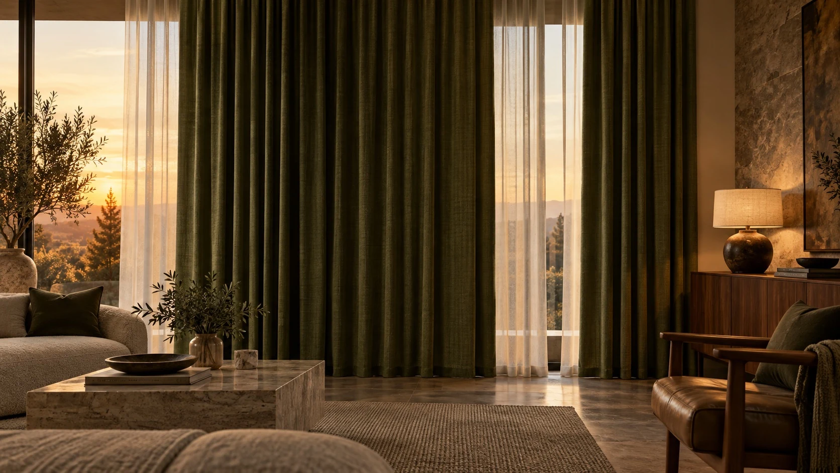 Deep olive curtains and ivory sheers bring warmth to an elegant evening sitting room.