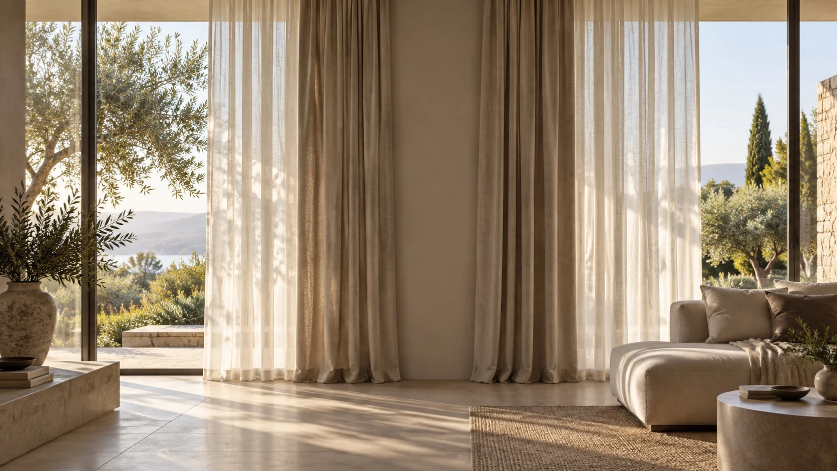 Soft ivory sheers and taupe curtains frame a sunlit contemporary living room.