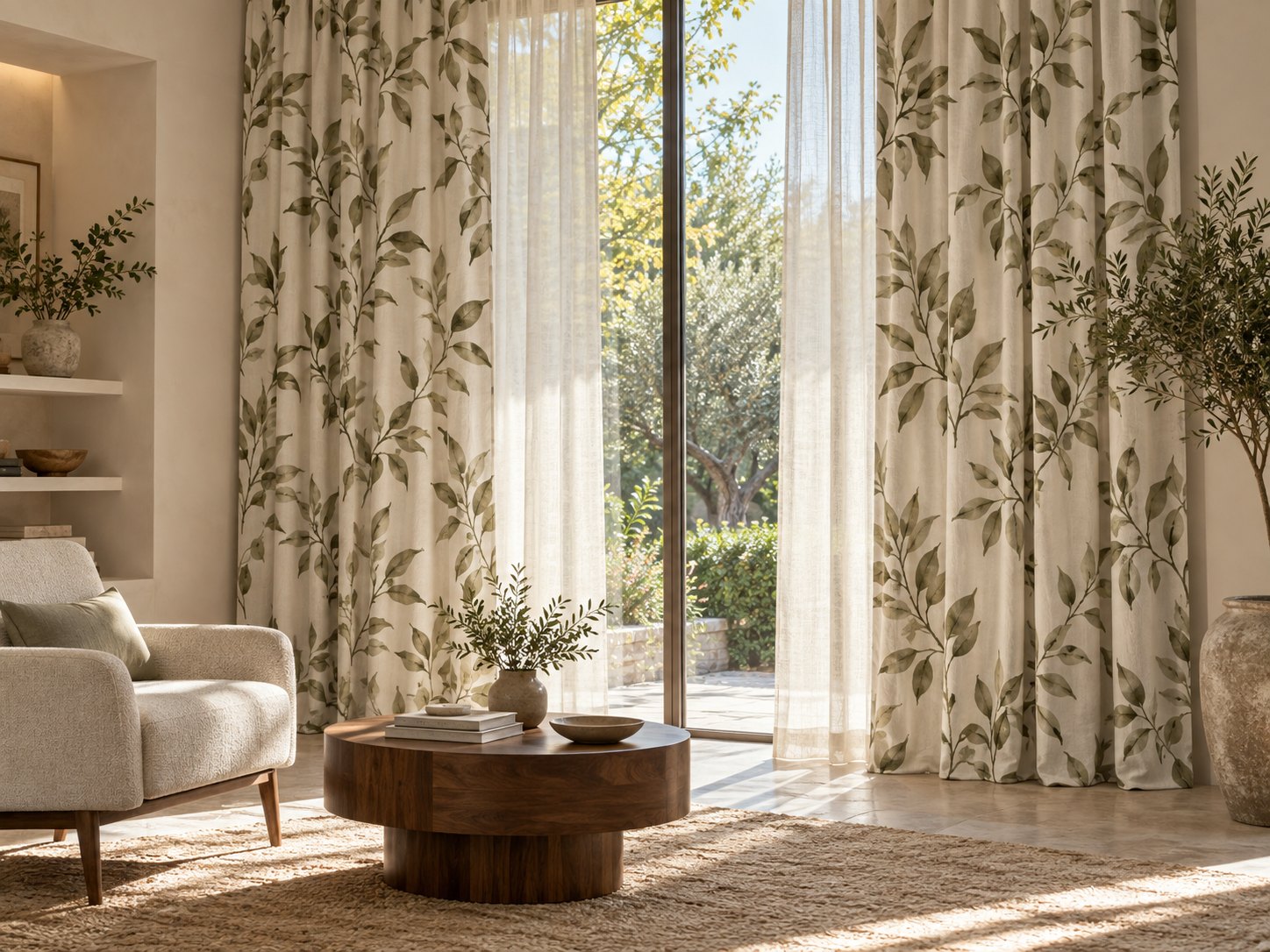 Olive botanical printed curtains frame a bright contemporary sitting room.