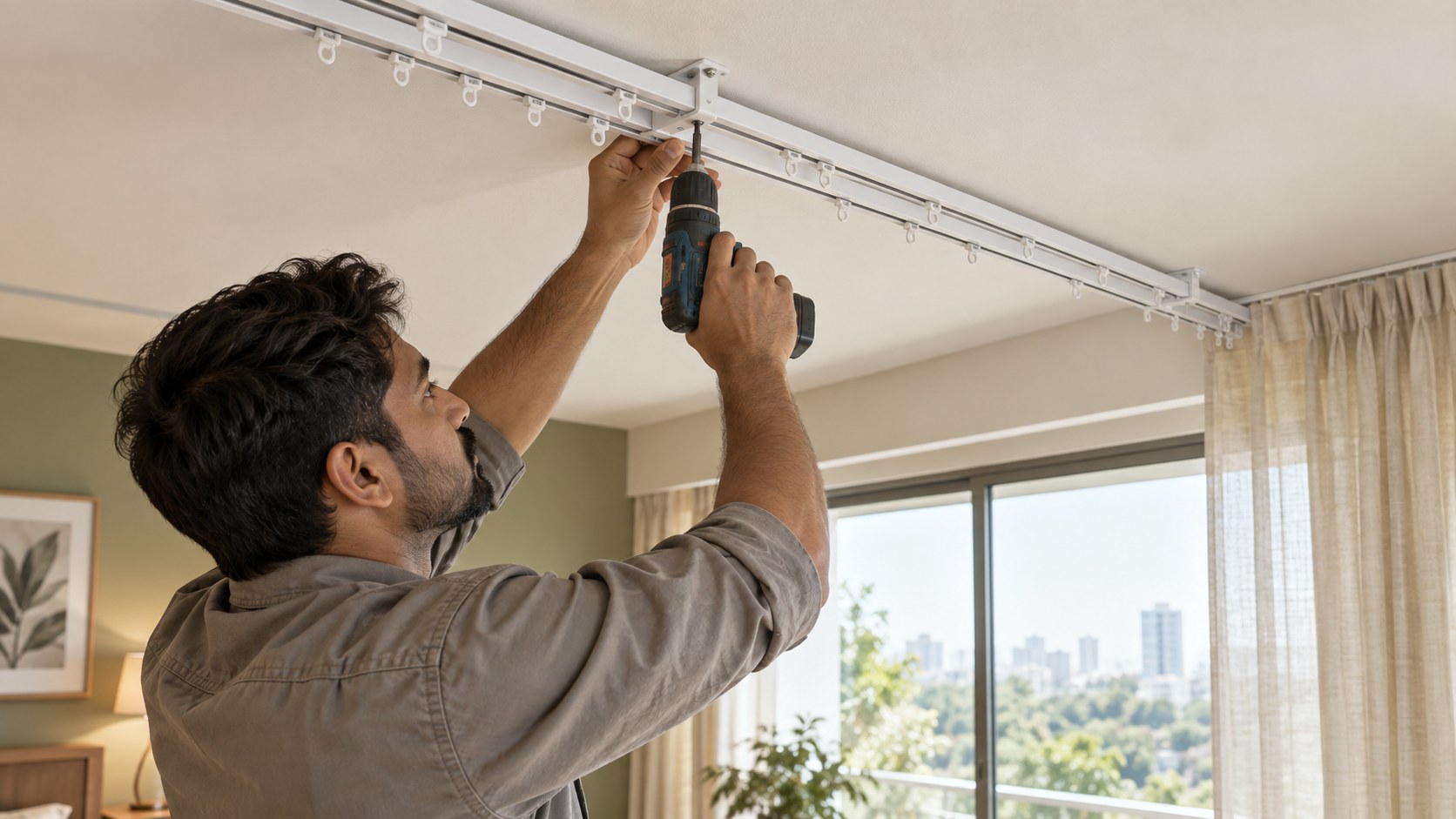 Illustrative close-up of a fitter mounting a white curtain channel with gliders above a window.