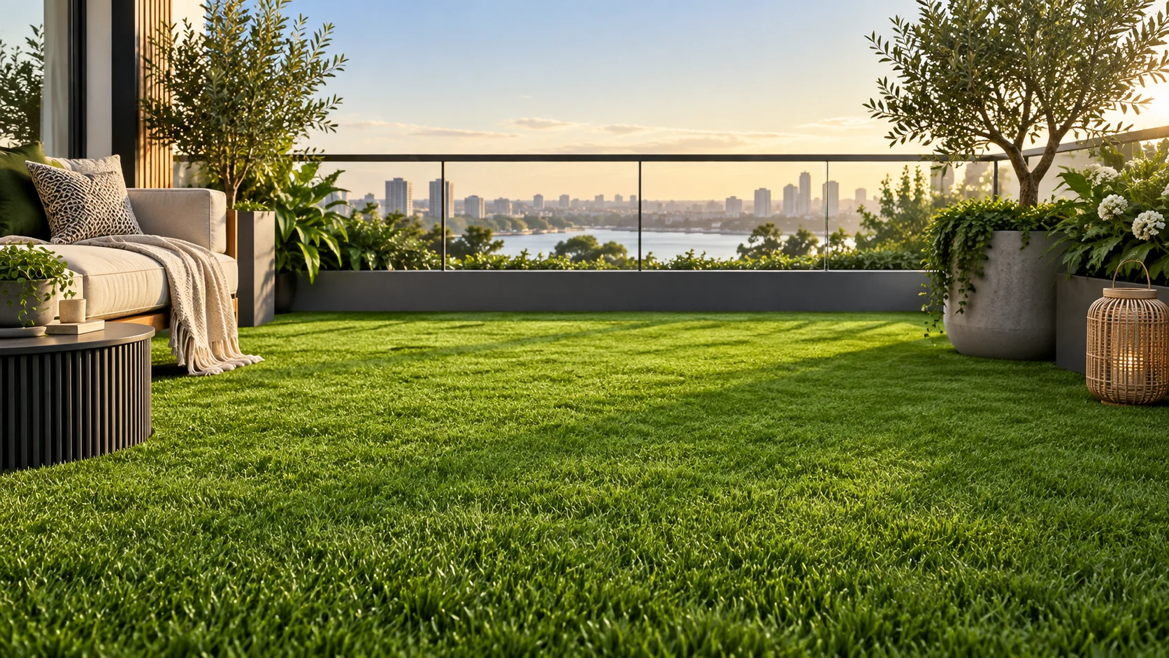 Illustrative balcony with neatly installed artificial grass flooring and a city view.
