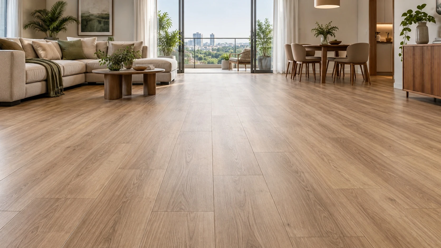 Illustrative sunlit apartment with detailed wood-effect flooring and clean plank seams.