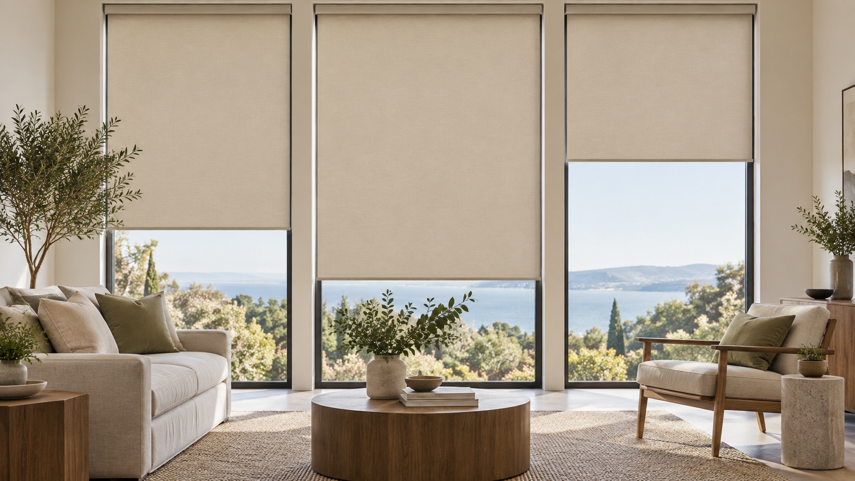 Illustrative bright room with plain beige roller blinds neatly fitted over the windows.