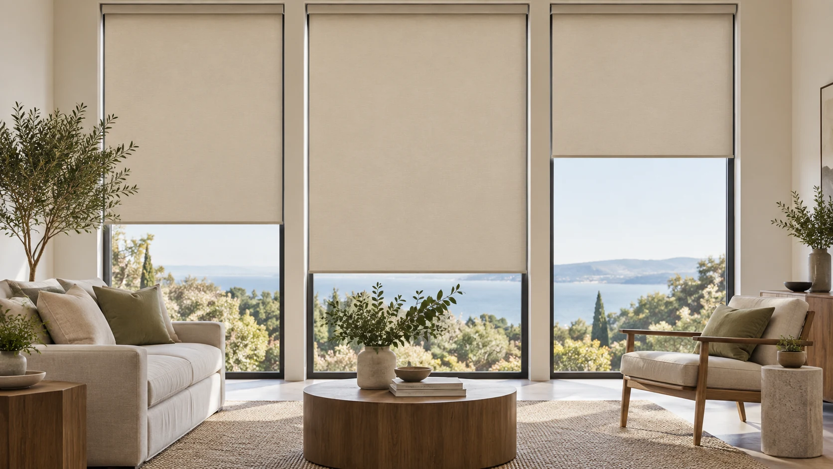 Illustrative contemporary room with plain beige roller blinds at different heights.