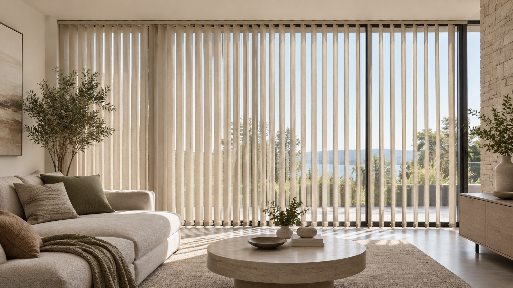 Illustrative contemporary living room with tall vertical fabric blinds filtering daylight.