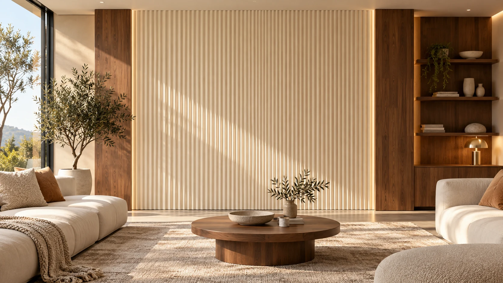 Illustrative sunlit living room with ivory fluted PVC panels and walnut accents.