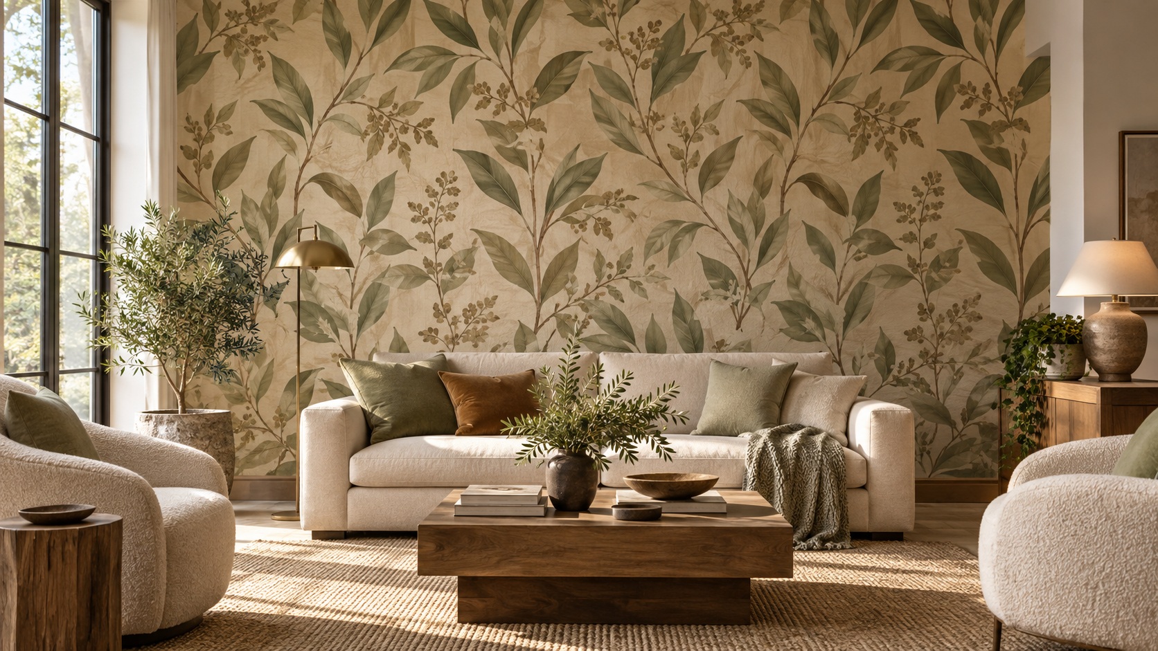 Illustrative sunlit living room with an elegant botanical wallpaper feature wall.
