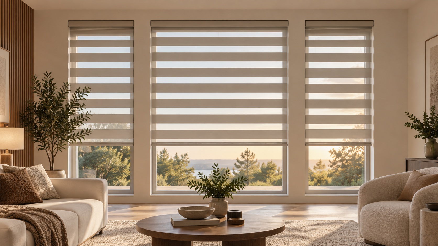 Illustrative living room with zebra blinds featuring alternating sheer and opaque horizontal bands.